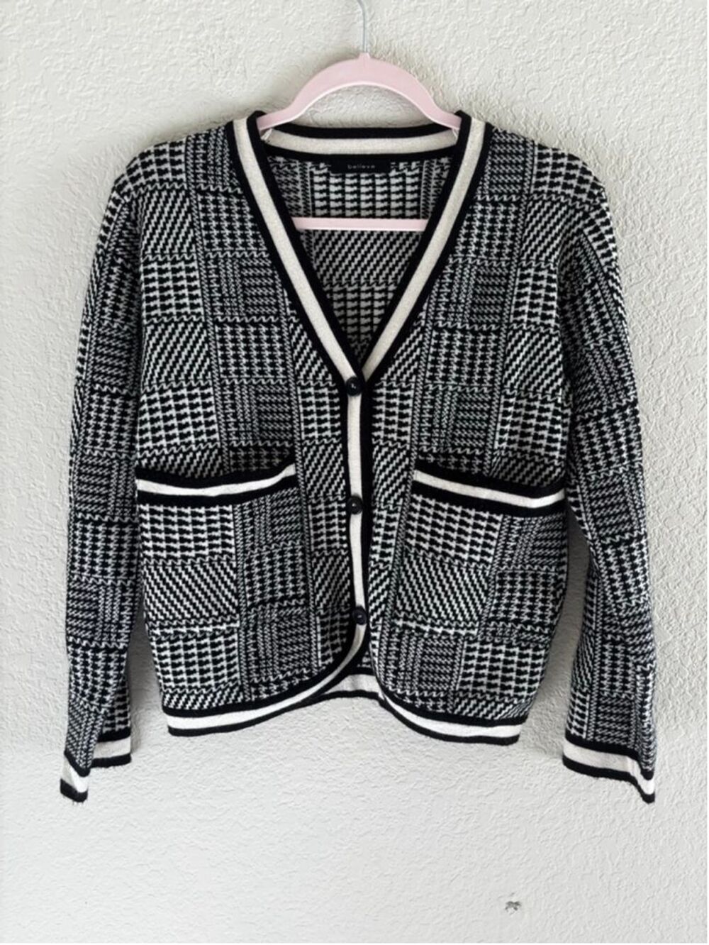 Believe Black White Patterned Cardigan Sweater Button Front Size M